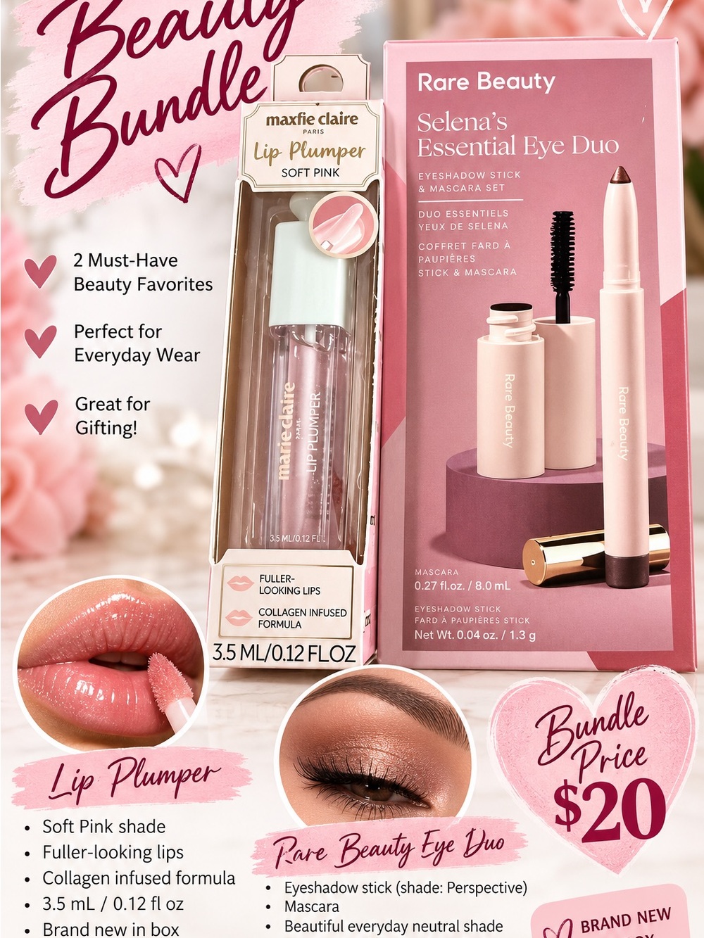 Rare Beauty Selena’s Eye Duo + Soft Pink Lip Plumper Makeup Bundle NWT
